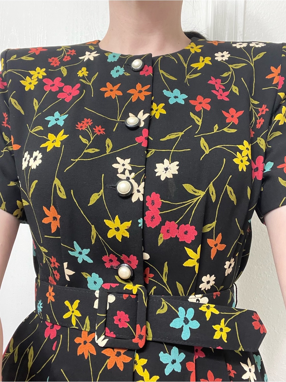 Debra Michaels Collection vintage Black Floral Button-Front Dress